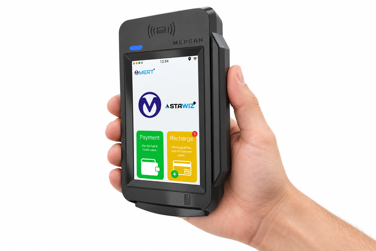 Beyaz fonda bir elde tutulan Mepsan MXPAY F300 POS cihazı